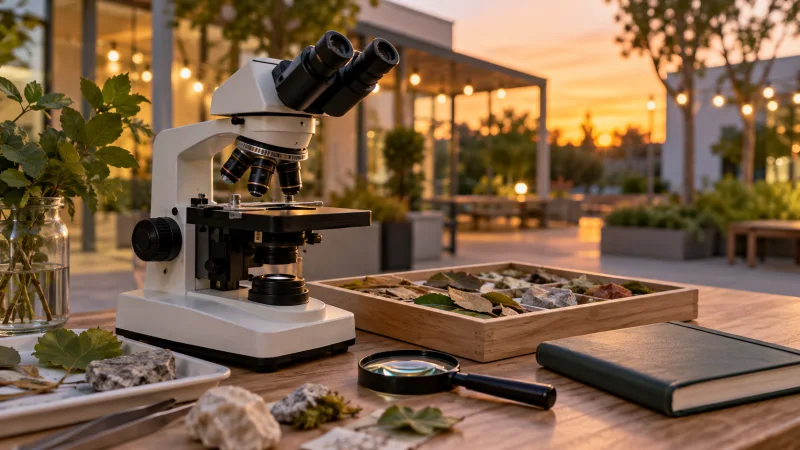 Microscopio, lupa y muestras naturales en una mesa de divulgación científica al atardecer.