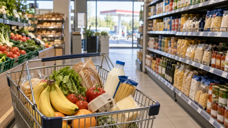Carro de compra con alimentos en un supermercado, con una gasolinera desenfocada al fondo.