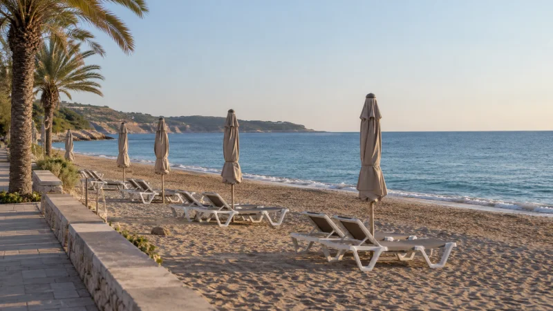 Playa mediterránea genérica con tumbonas vacías y sombrillas cerradas junto al mar