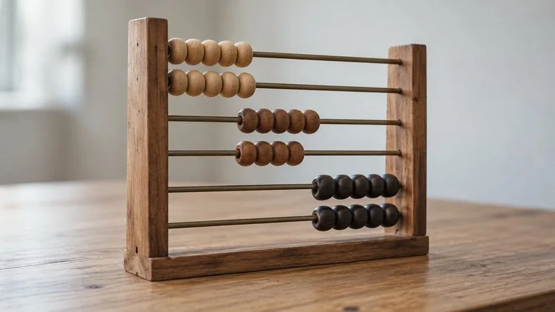 Ábaco de madera con las cuentas agrupadas sobre una mesa iluminada por luz natural.