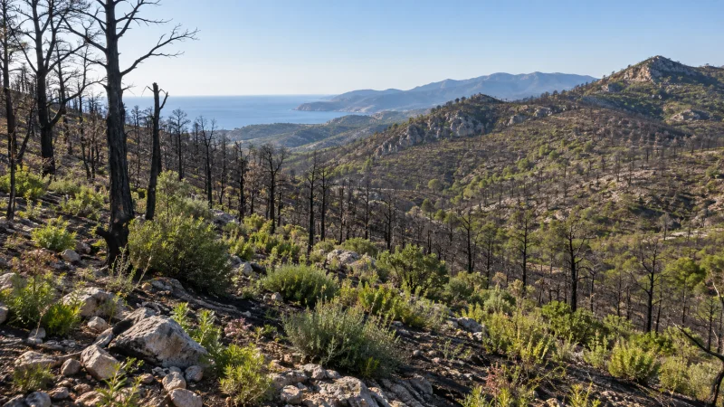 Ladera mediterránea con árboles quemados y vegetación baja que comienza a recuperarse
