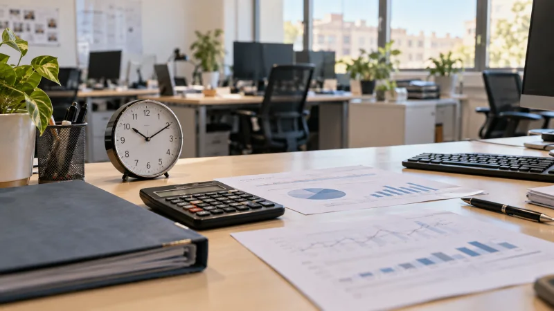 Reloj, calculadora y gráficos sobre una mesa en una oficina sin personas
