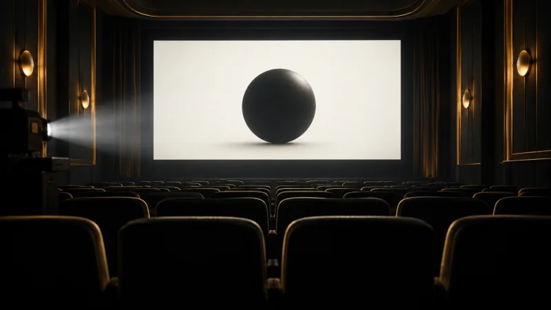Sala de cine vacía con una esfera negra abstracta proyectada en la pantalla.