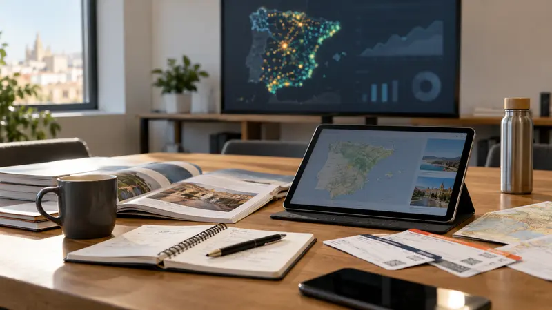 Mesa de análisis con mapas de España y herramientas para estudiar la movilidad turística