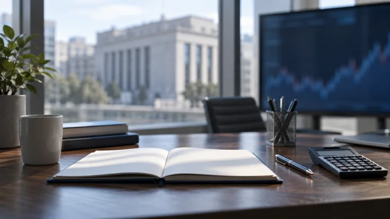 Escritorio de análisis financiero con libreta, calculadora y pantalla desenfocada