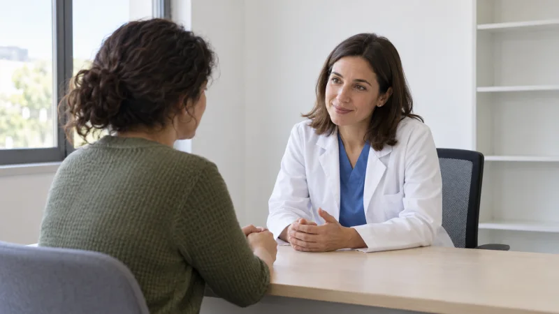 Paciente adulta conversa con una profesional sanitaria en una consulta luminosa