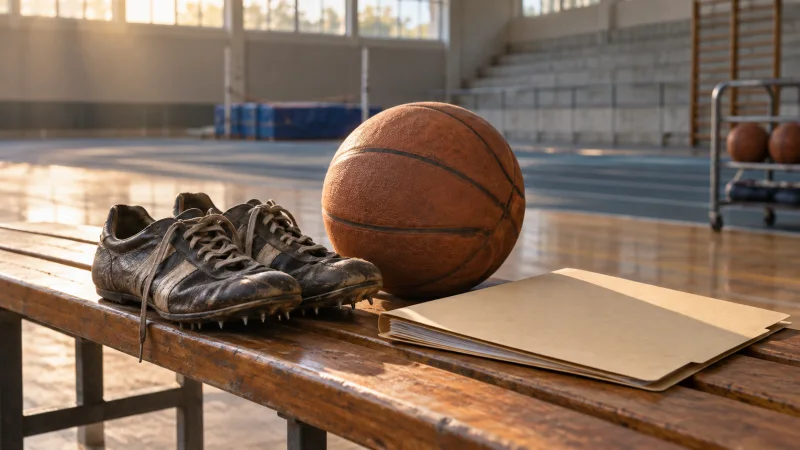 Un balón de baloncesto, unas zapatillas deportivas usadas y una carpeta sobre un banco de una pista cubierta.