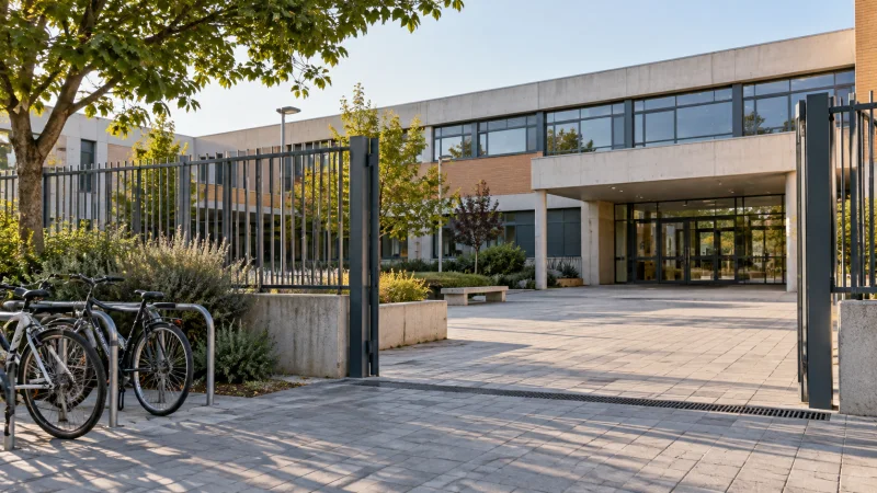Imagen representativa de la entrada a un centro educativo público español al inicio del curso.
