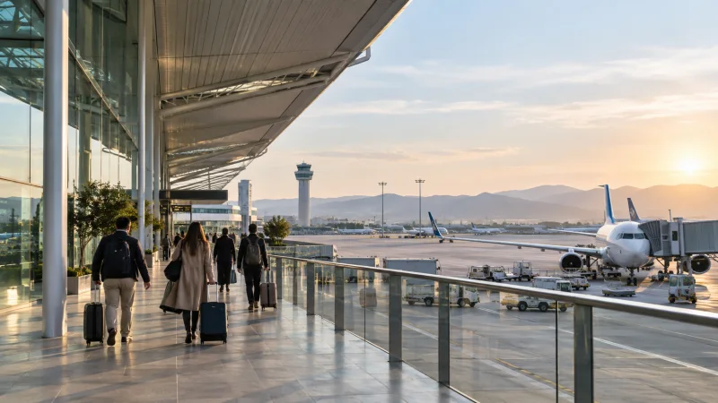 Terminal aeroportuaria moderna con viajeros y aviones en pista al amanecer.