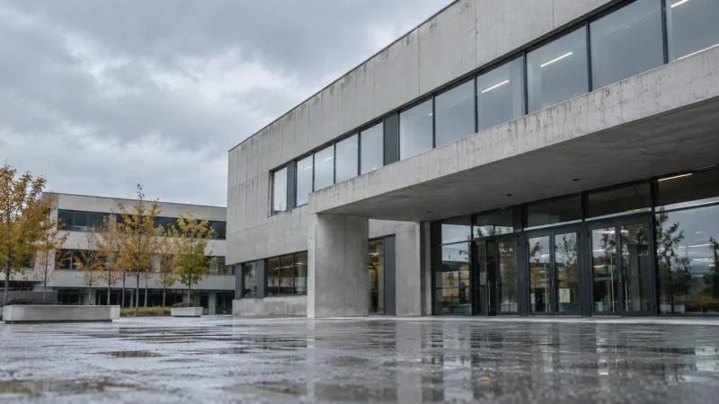 Exterior de un centro educativo contemporáneo bajo un cielo cubierto