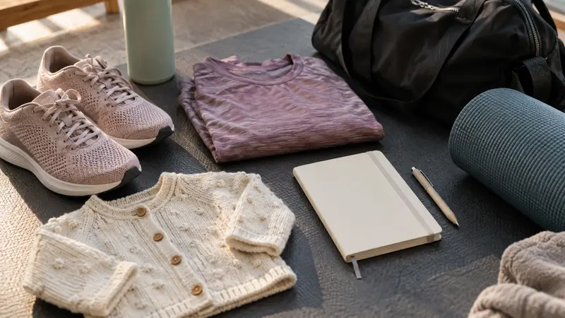 Equipamiento deportivo junto a una prenda infantil y un cuaderno, símbolos de deporte, maternidad y formación