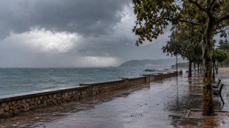 Paseo litoral mojado bajo nubes de tormenta con lluvia sobre el mar