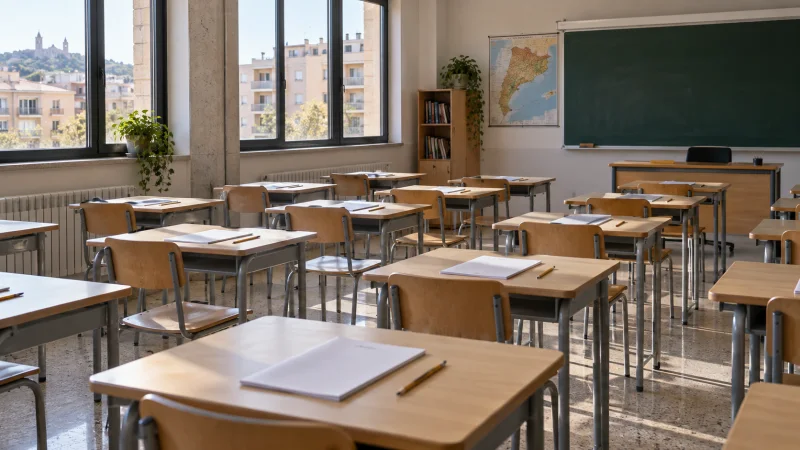 Aula vacía de secundaria con cuadernillos cerrados, en una imagen ilustrativa.