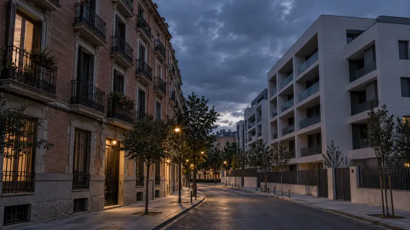 Contraste entre edificios residenciales antiguos y una promoción contemporánea al anochecer