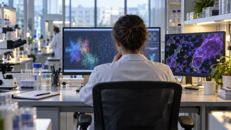 Una investigadora revisa representaciones visuales de datos en una estación de trabajo de un laboratorio biomédico.