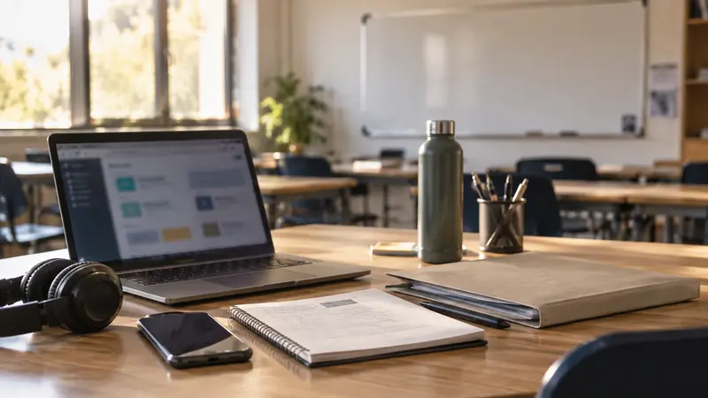 Aula de formación vacía con portátil, cuaderno, auriculares y carpeta de trabajo