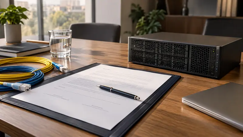Documento de acuerdo junto a cables de red y un equipo informático sobre una mesa