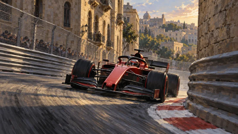 Un monoplaza rojo sin marcas toma una curva de un circuito urbano rodeado de edificios