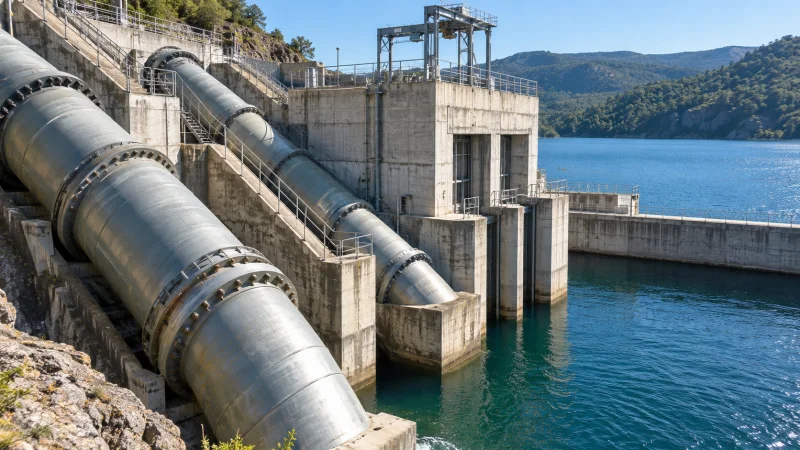 Conductos de una instalación hidroeléctrica genérica junto a un embalse