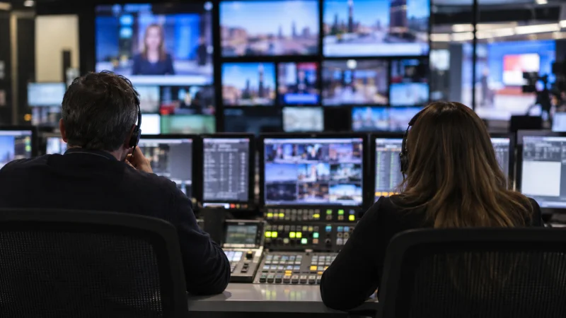 Dos profesionales de control de televisión, de espaldas, ante varios monitores desenfocados.