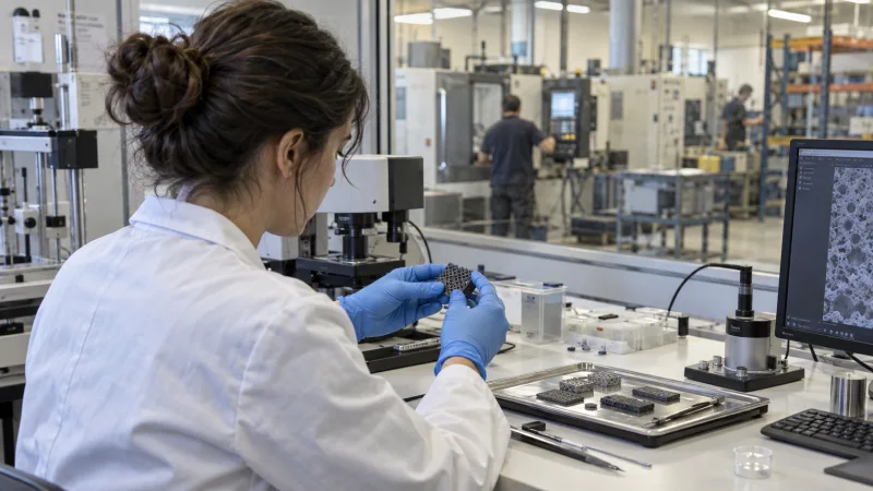 Investigadora examina una muestra en un laboratorio de I+D conectado con un entorno de fabricación.