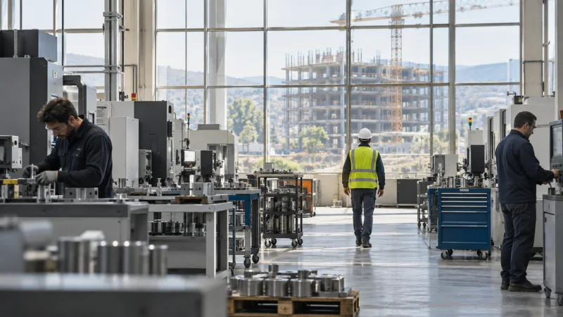 Trabajadores en un taller industrial genérico, con una estructura de obra visible al fondo.