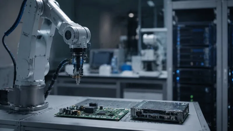 Brazo robótico sobre componentes electrónicos en un laboratorio tecnológico
