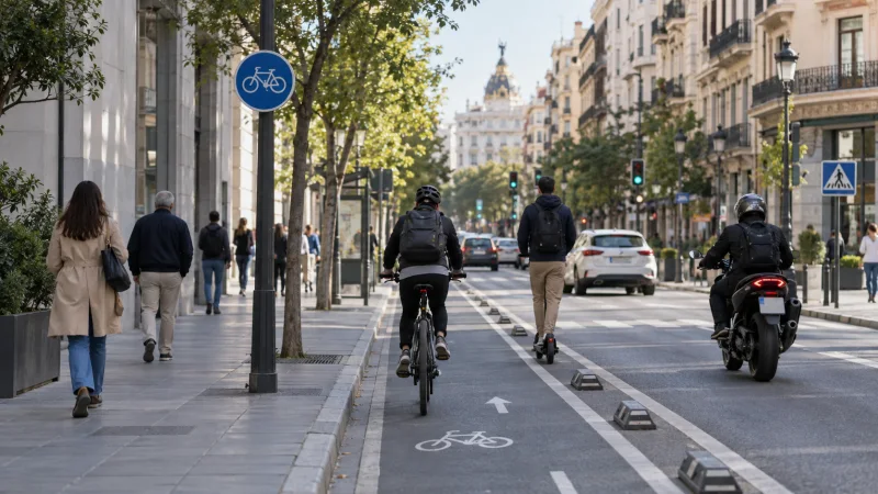 Ciclista, usuario de patinete y motorista circulan por una calle urbana junto a peatones