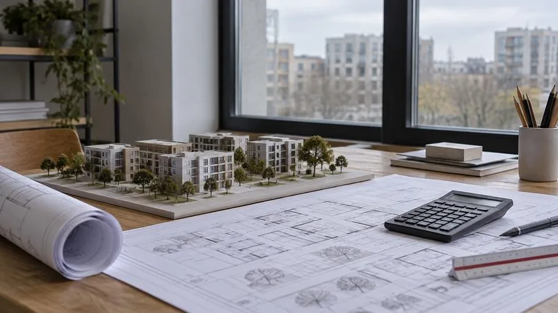 Maqueta de viviendas residenciales, planos de arquitectura y calculadora sobre una mesa de trabajo