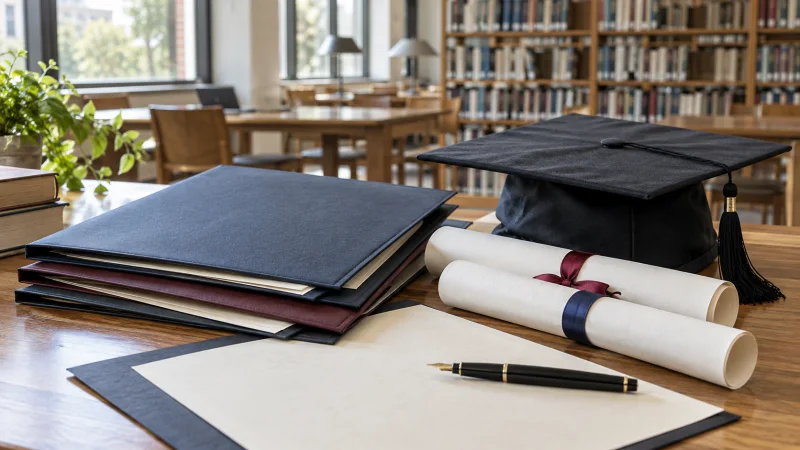Carpetas de títulos y birrete sobre una mesa de biblioteca universitaria