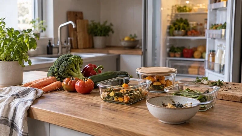 Comida sobrante y verduras junto a recipientes reutilizables en una cocina doméstica