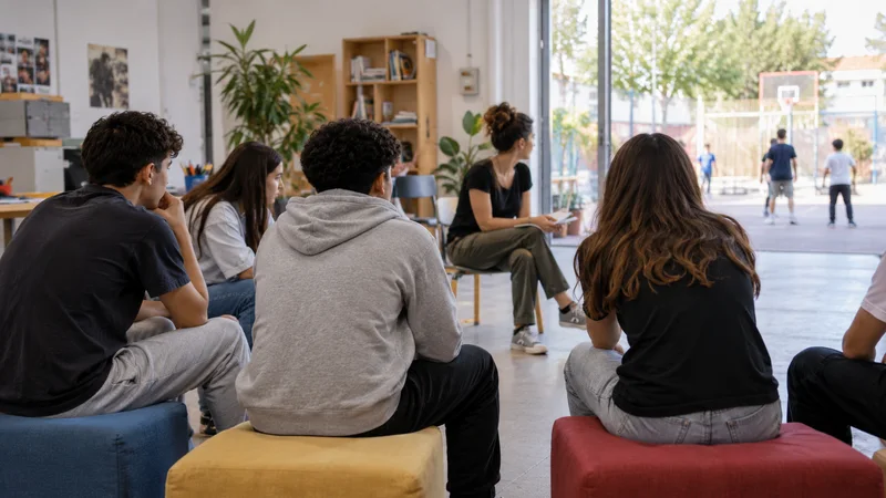 Adolescentes participan en una actividad en un centro comunitario junto a una educadora, con una pista deportiva al fondo.
