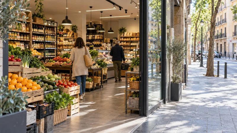 Interior de una tienda de alimentación de barrio con expositores de fruta y verdura junto a una calle urbana.