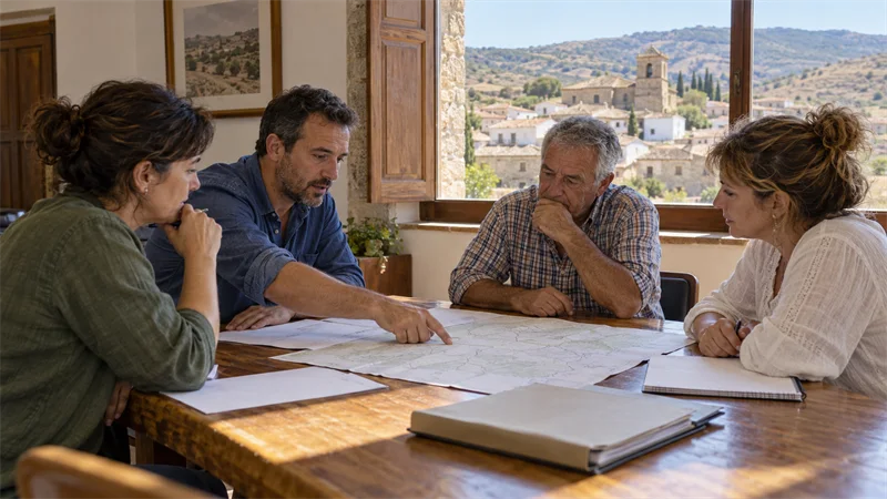Cuatro personas revisan un mapa en una reunión municipal de un pueblo rural.