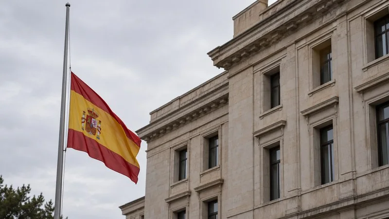 Bandera española a media asta ante la fachada de un edificio público bajo un cielo nublado.