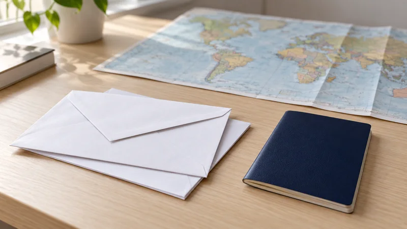 Sobres blancos y un pasaporte cerrado sobre un escritorio, con un mapa del mundo desenfocado al fondo.