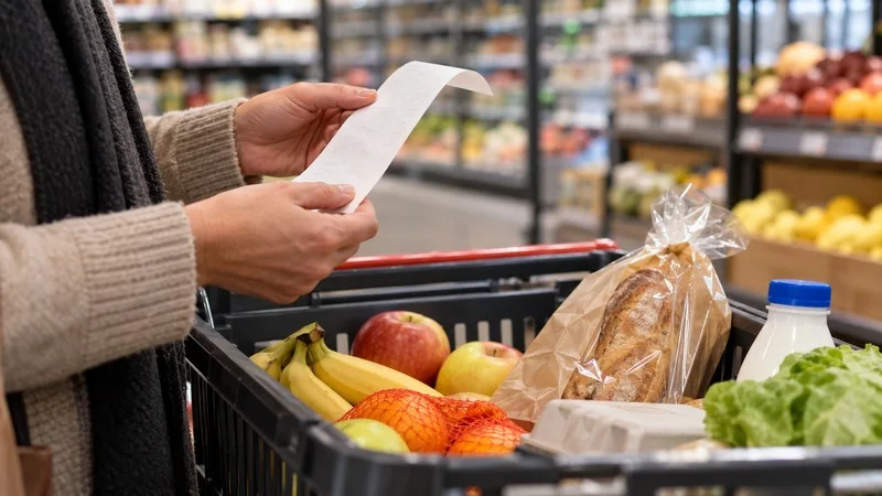 Una persona consulta un recibo de compra junto a una cesta con productos de alimentación en un supermercado.