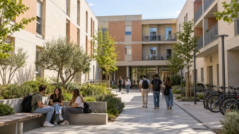 Patio compartido ante un edificio de alojamiento universitario con estudiantes.