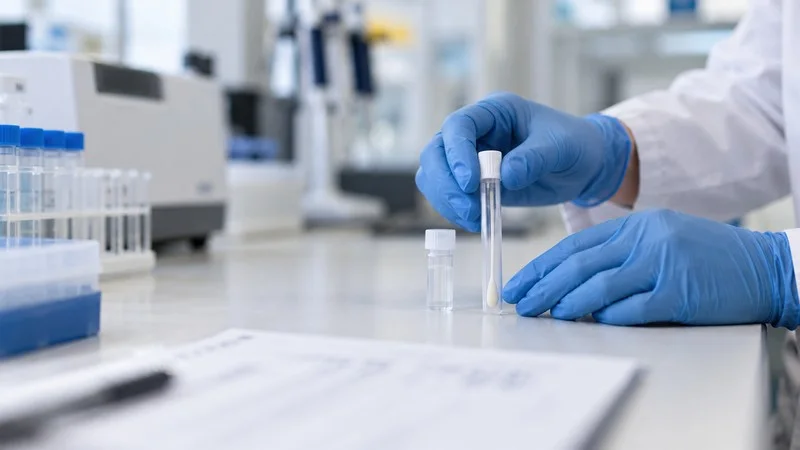 Manos con guantes azules manipulan un tubo de muestra sobre una mesa de laboratorio.