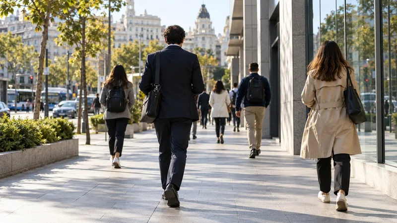 Personas de espaldas caminando por una calle urbana para ir al trabajo.