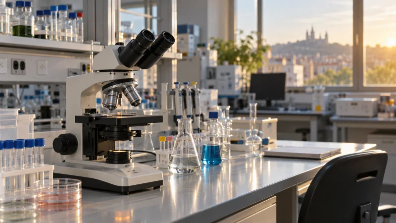 Microscopio y material de laboratorio sobre una mesa junto a una ventana con una ciudad desenfocada al fondo.