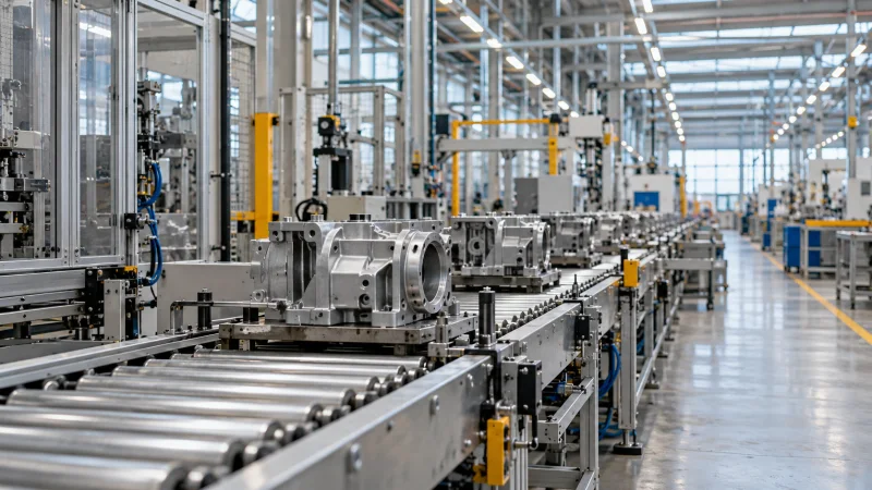 Interior de una nave industrial con una línea de rodillos metálicos, maquinaria de fabricación y piezas en una cinta transportadora.