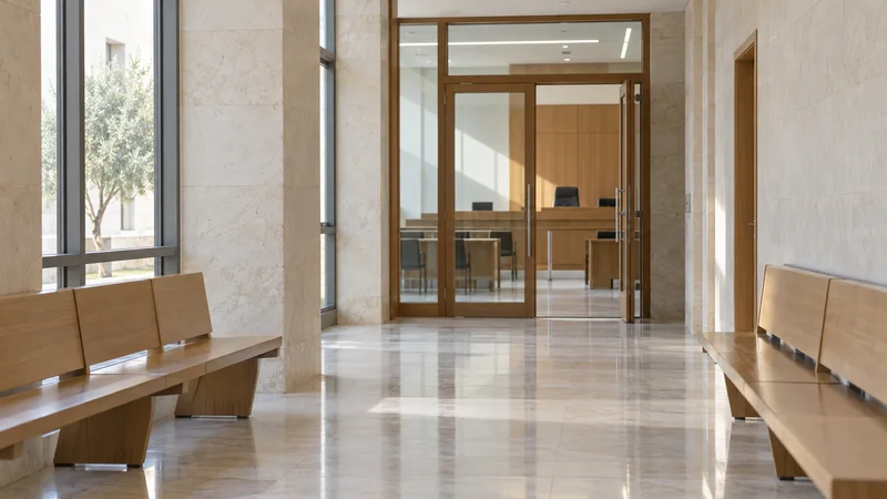 Pasillo vacío de un juzgado contemporáneo con bancos de espera y una sala al fondo.
