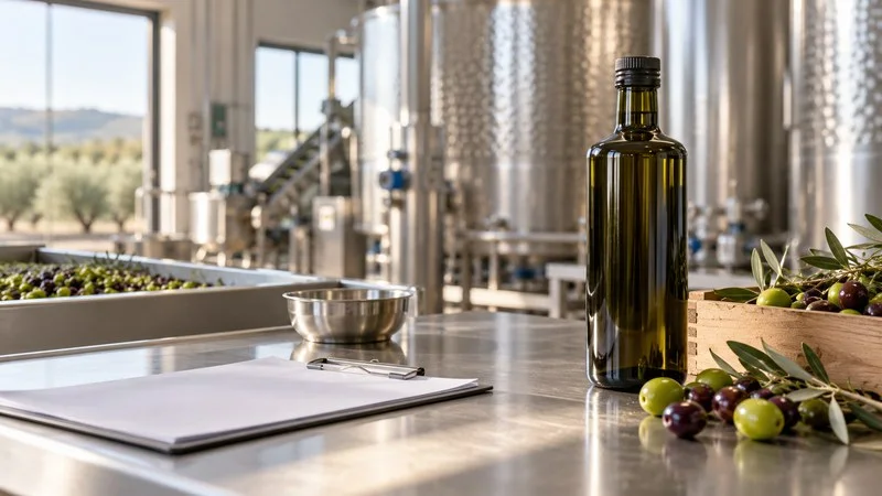 Botella oscura de aceite de oliva y aceitunas sobre una mesa metálica en una almazara desenfocada, junto a una hoja de control en blanco.