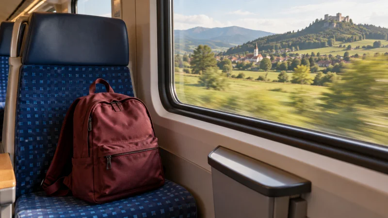 Mochila junto a la ventana de un tren con un paisaje rural al fondo.