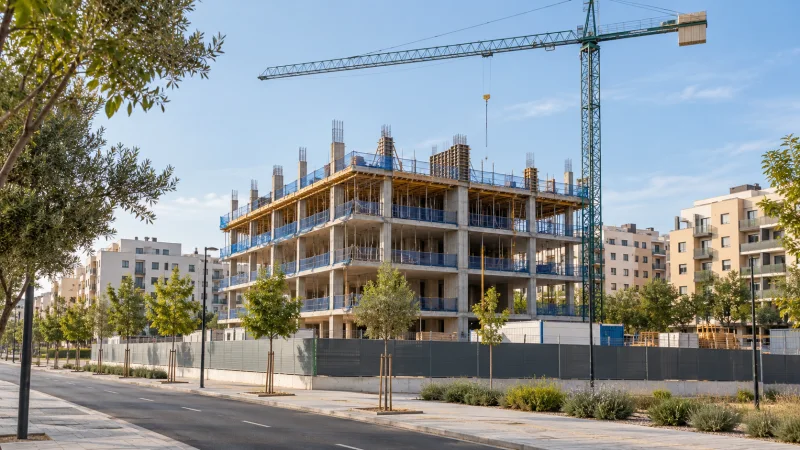 Una grúa torre trabaja sobre la estructura de un bloque residencial en construcción junto a viviendas urbanas.