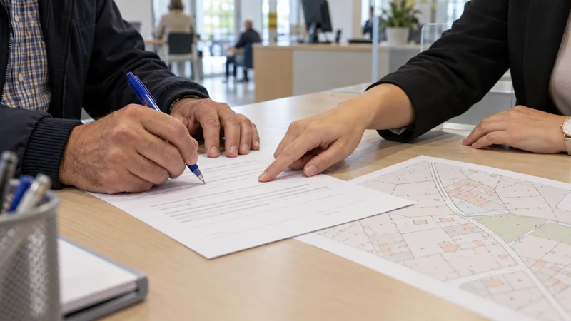 Dos personas revisan un formulario de autorización junto a un plano parcelario sobre una mesa de atención.