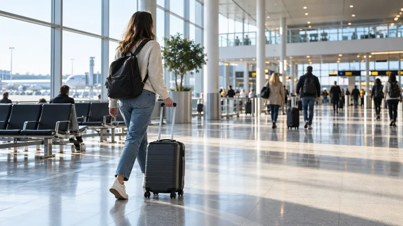 Viajera con equipaje en un aeropuerto, junto a la zona de puertas de embarque.