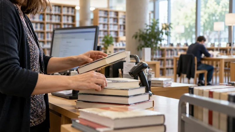 Manos organizan varios libros en un mostrador, con estanterías y una persona lectora desenfocadas al fondo.