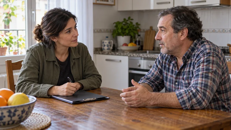Una entrevistadora conversa con un residente en una encuesta sobre salud.